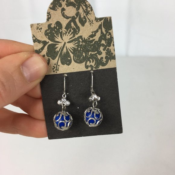 Vintage Jewelry - Silver Blue Pierced Earrings Ball Rhinestone Hang
